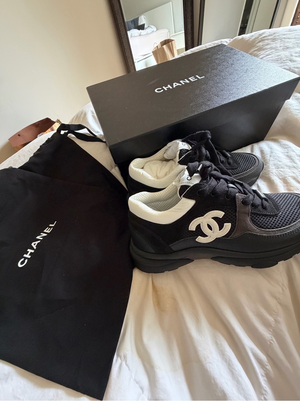CHANEL Black and White CC Logo Women's Sneakers